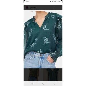 J. Crew forest green floral peasant blouse XS ruffle neck sheer cottage prairie